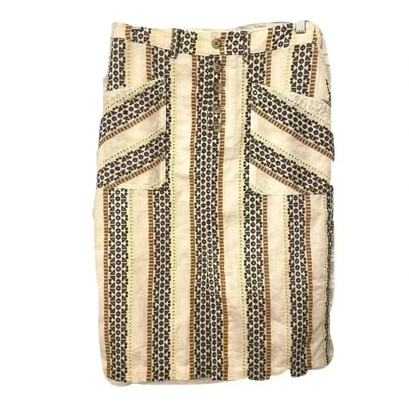 ANTHROPOLOGIE Button Embroidered Linen  Midi Skirt Size 4 Cream Grey Yellow - Picture 1 of 10